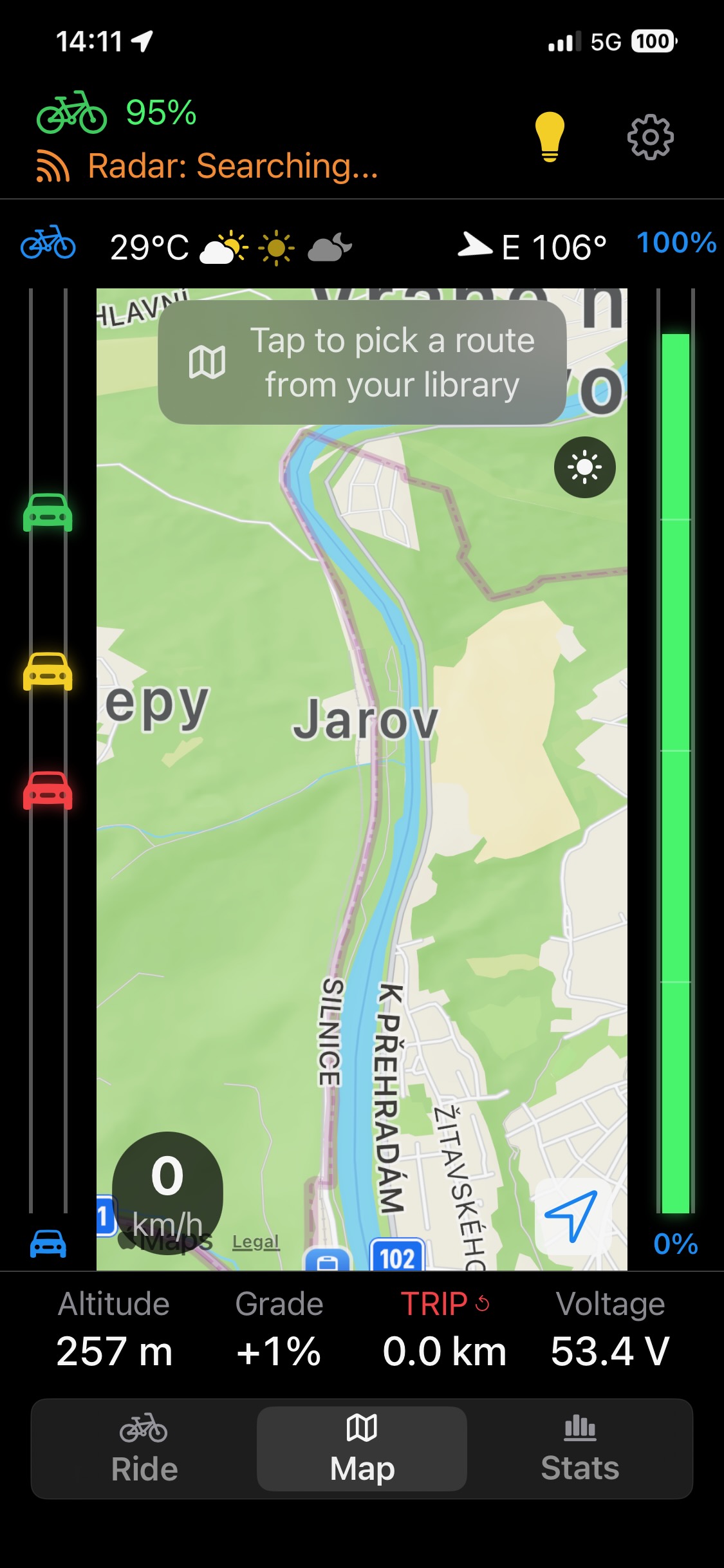 VeloRadar Map tab — live navigation with GPX route and rear radar bar