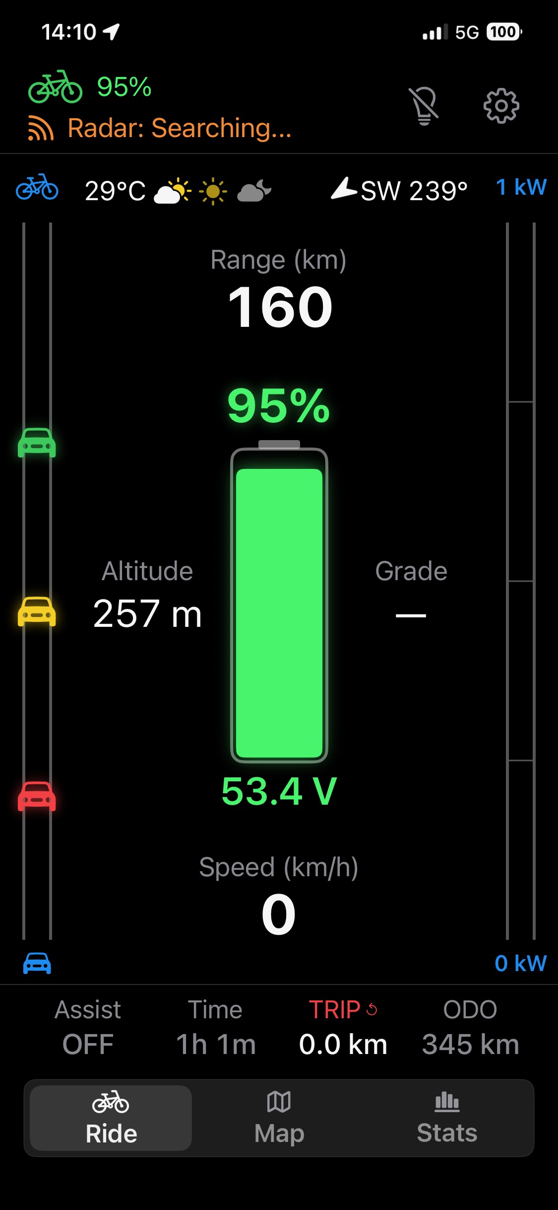 VeloRadar Ride tab — battery 95%, range 160 km, live voltage 53.4 V and rear radar