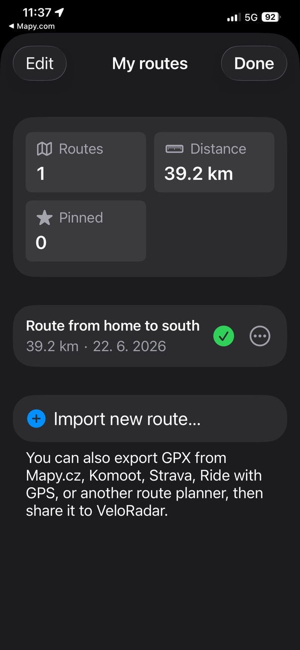 VeloRadar Route Library — import GPX from Mapy.cz, Komoot or Strava